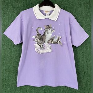Vintage 90’s Morning Sun Cat Kittens Collared T-shirt Womens Size Medium
